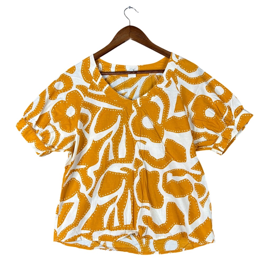 Ivu Jane Womens Mustard Yellow White Abstract Print V-Neck Puff Sleeve Top S/M